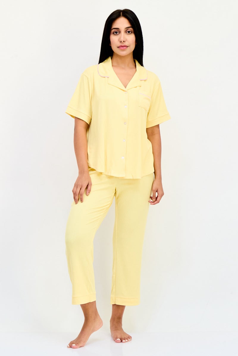 PJ Couture Women 2 Pieces Ribbed Short Sleeve Pajama Top And Bottom Set, Yellow - Image 1