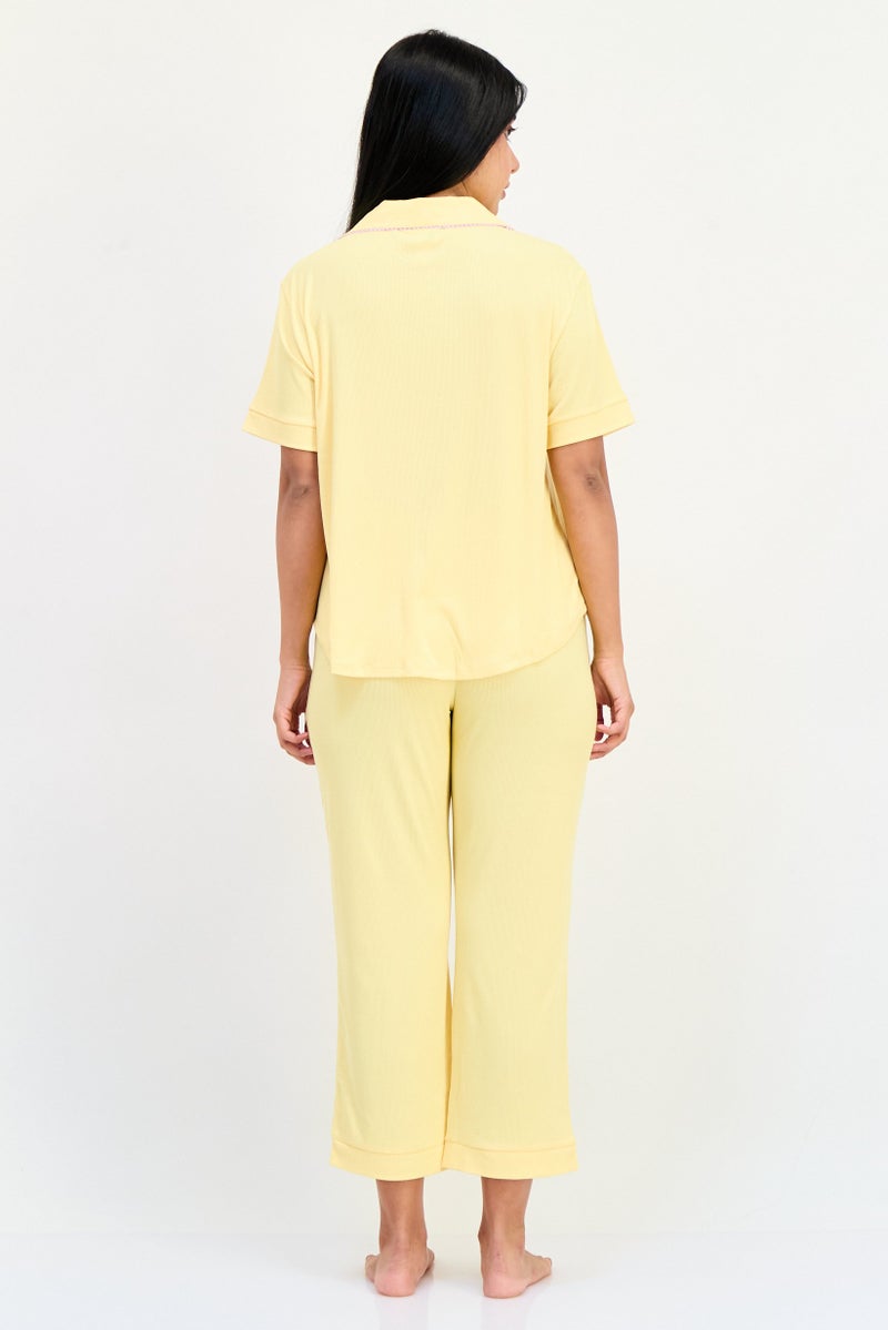 PJ Couture Women 2 Pieces Ribbed Short Sleeve Pajama Top And Bottom Set, Yellow - Image 4