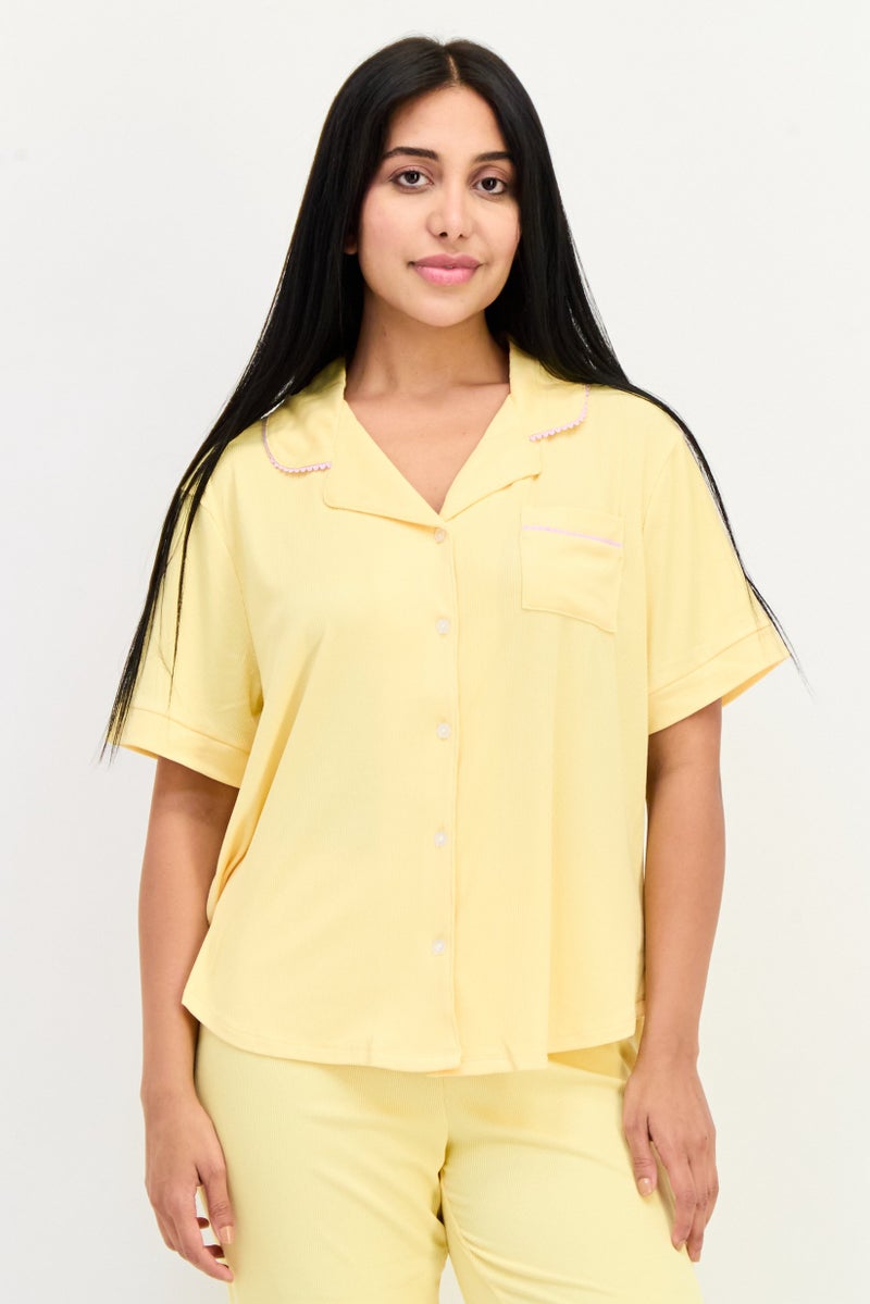 PJ Couture Women 2 Pieces Ribbed Short Sleeve Pajama Top And Bottom Set, Yellow - Image 2