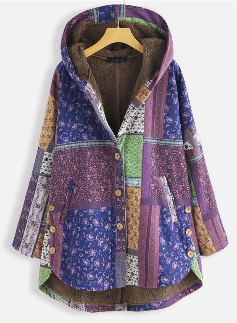 Loquat Autumn And Winter Thick Printed Women's Hooded Slim-Fit Long Warm Coat Purple  - Image 1