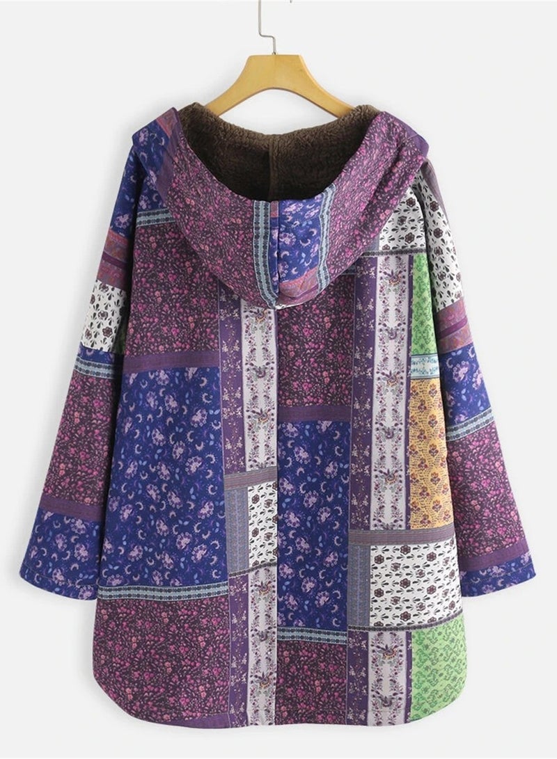 Loquat Autumn And Winter Thick Printed Women's Hooded Slim-Fit Long Warm Coat Purple  - Image 2