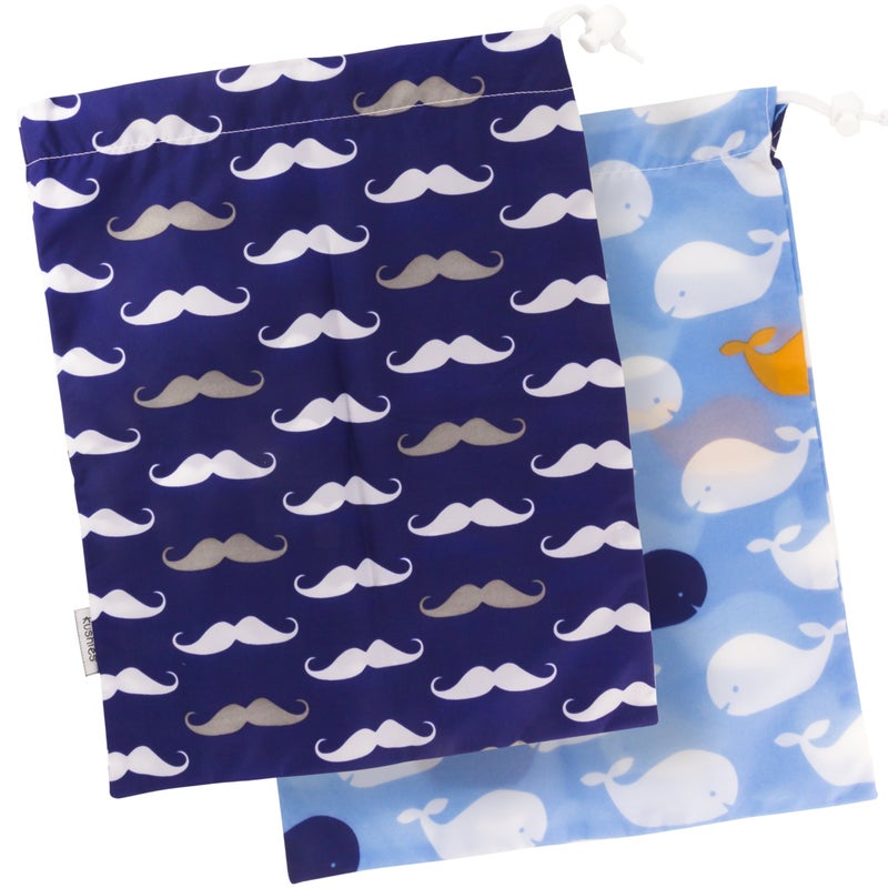 Kushies Baby On The Go Wet Bag, Blue Whale/Navy Moustache, Large - Image 1