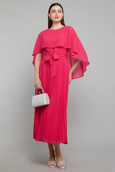 أر أند بي Solid Midi Dress with Crew Neck and Cape Sleeves