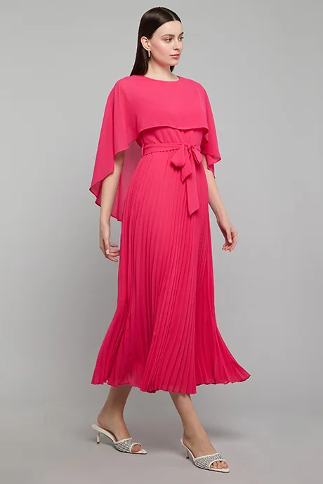 أر أند بي Solid Midi Dress with Crew Neck and Cape Sleeves