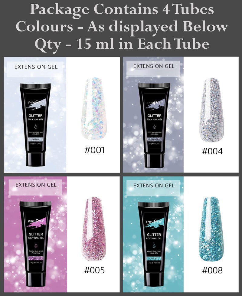 PINPAI Glitter Poly Nail Gel 4 Tubes 15Ml Each Multicolour, Glitter Finish - Image 2