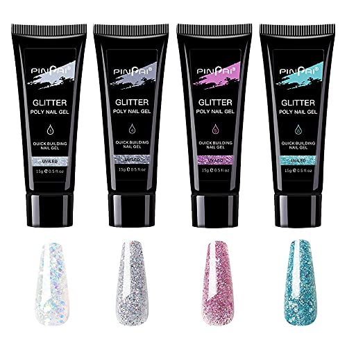 PINPAI Glitter Poly Nail Gel 4 Tubes 15Ml Each Multicolour, Glitter Finish - Image 1