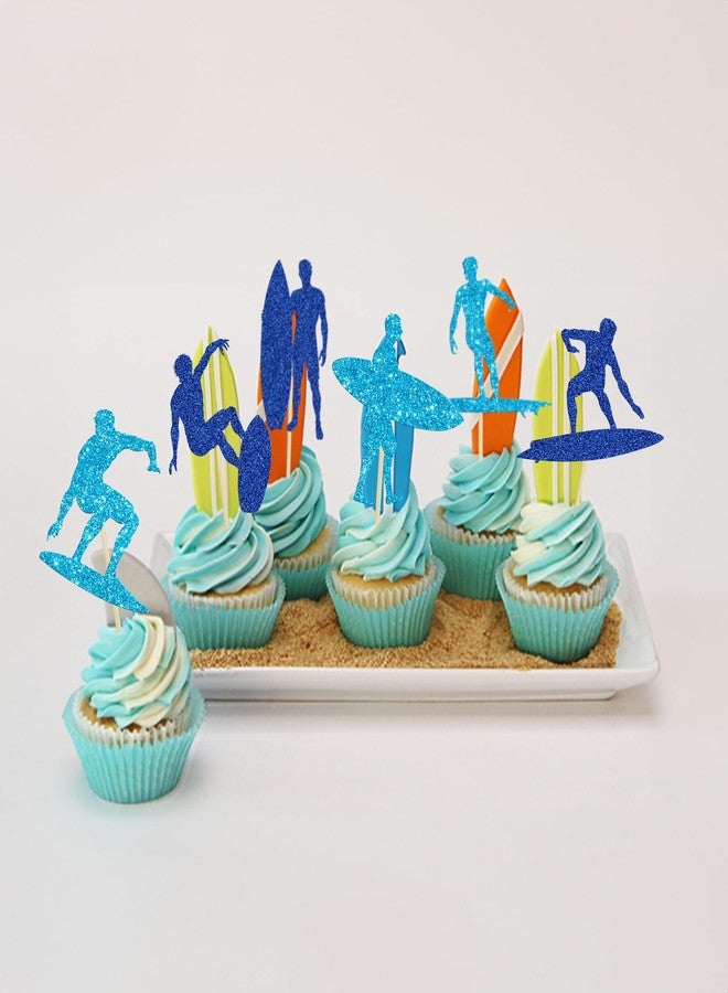 Ephlyn 24Pcs Surfing Cupcake Toppers Blue Glitter Surfboard Sport Cupcake Picks Surfs Up Ride the Waves Cake Toppers for Surf Theme Baby Shower Kids Birthday Party Cake Decor Supplies - Image 4