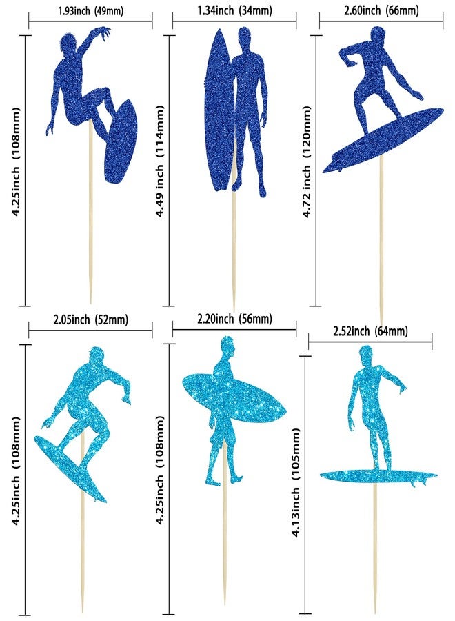 Ephlyn 24Pcs Surfing Cupcake Toppers Blue Glitter Surfboard Sport Cupcake Picks Surfs Up Ride the Waves Cake Toppers for Surf Theme Baby Shower Kids Birthday Party Cake Decor Supplies - Image 2