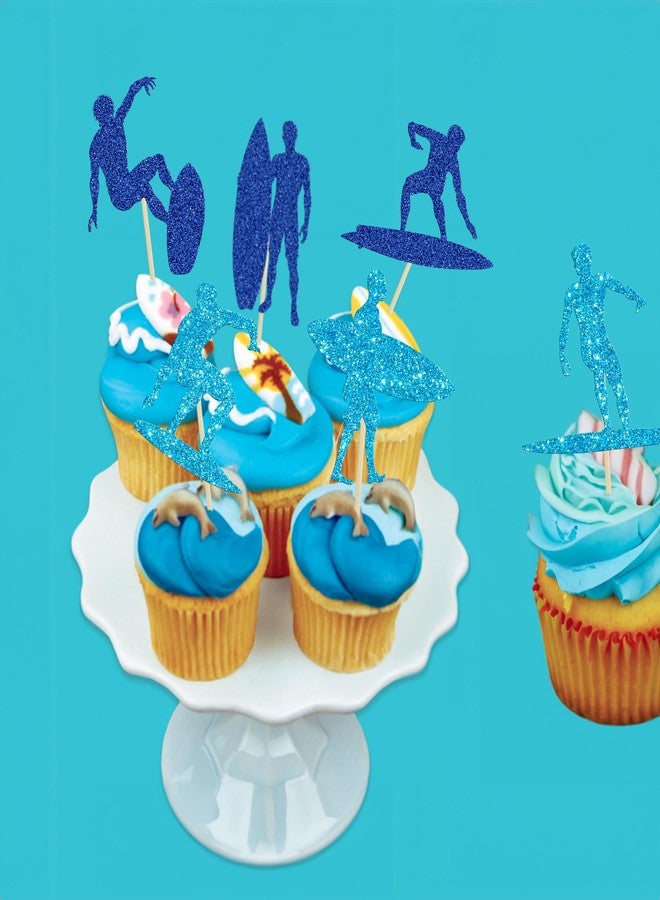 Ephlyn 24Pcs Surfing Cupcake Toppers Blue Glitter Surfboard Sport Cupcake Picks Surfs Up Ride the Waves Cake Toppers for Surf Theme Baby Shower Kids Birthday Party Cake Decor Supplies - Image 5