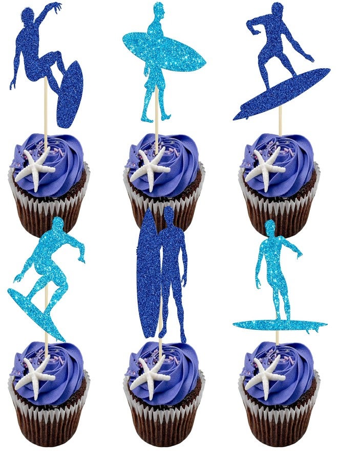 Ephlyn 24Pcs Surfing Cupcake Toppers Blue Glitter Surfboard Sport Cupcake Picks Surfs Up Ride the Waves Cake Toppers for Surf Theme Baby Shower Kids Birthday Party Cake Decor Supplies - Image 1