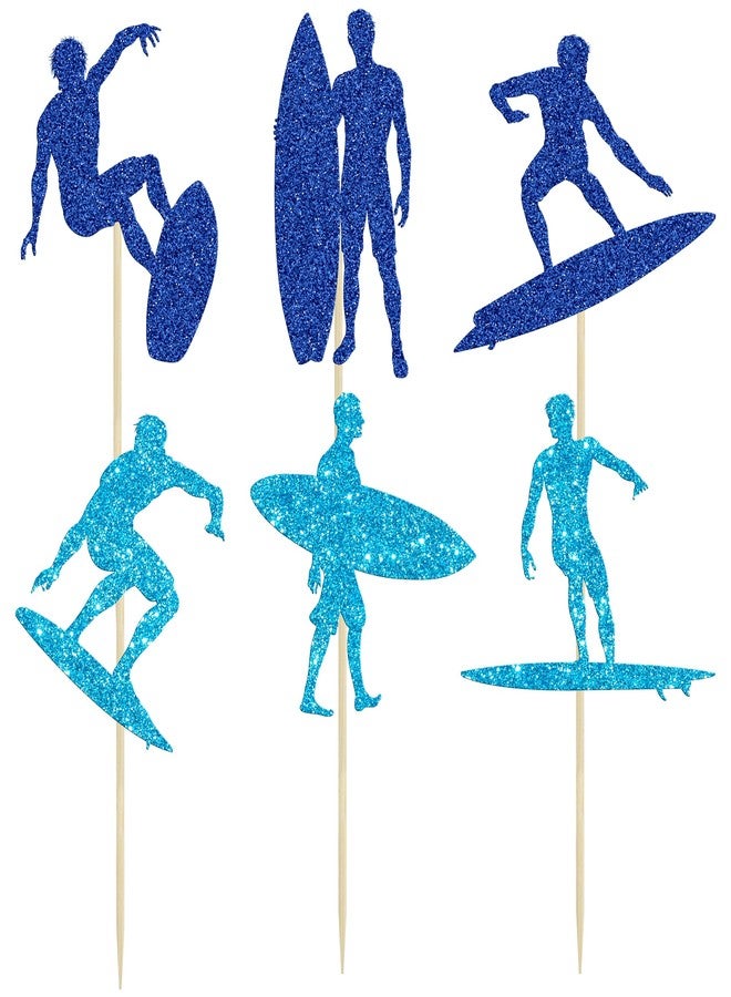 Ephlyn 24Pcs Surfing Cupcake Toppers Blue Glitter Surfboard Sport Cupcake Picks Surfs Up Ride the Waves Cake Toppers for Surf Theme Baby Shower Kids Birthday Party Cake Decor Supplies - Image 3