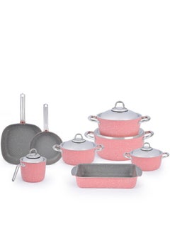 Turkish cookware set, 13 pcs, round, rose granite, non-stick, with a stainless steel lid