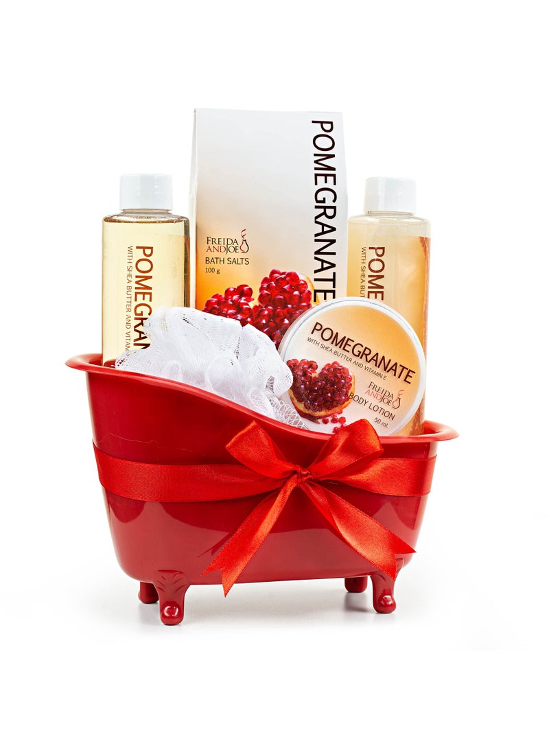 Freida and Joe - Red Pomegranate Home Spa Bath Basket - Bath & Body Set For Women - Contains Shower Gel, Bubble Bath, Body Lotion, Pomegranate Bath Salt & Pouf in Red Tub Valentines Gift for Women - Image 1