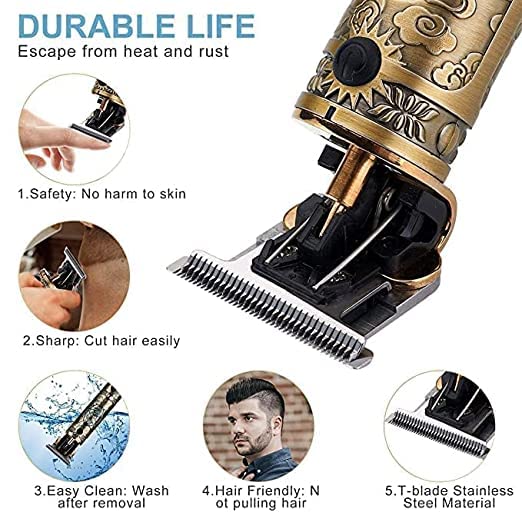 CLOUDTAB Professional Hair Clipper Trimmer for men and womenBuddha style T blade hair trimming zero gapped adjustable clipper haircut and shavemetal body with cordless rechargeable Trimmer gold - Image 3