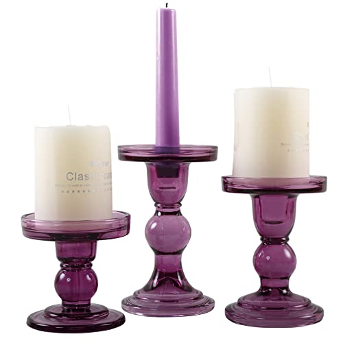 GMWD 3 Pcs Glass Candle Holder Set Clear Purple Candlesticks Holders Pillar Taper Candles Tealight Stand for Wedding Centerpieces Home Decorations Dining Table