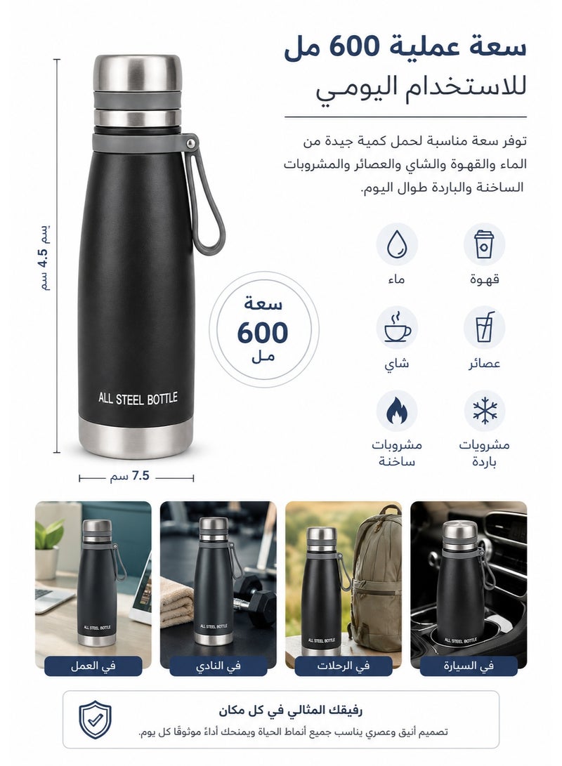 Thermos Bottle 600ml Vacuum Insulated  – 304 Stainless Steel Double Wall Leakproof Thermal Flask with Wide Mouth and Tea Infuser, Keeps Drinks Hot for up to 12 Hours and Cold for up to 15 Hours, Reusable Travel Bottle for Coffee, Tea, Water, Juice, Work, Commute, Travel, Camping and Picnic - Image 3