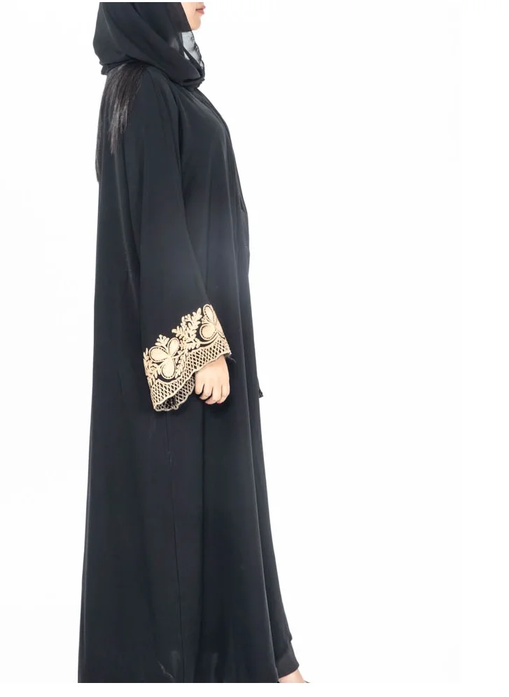 Aara Black Open Abaya with Embroidered Sleeves