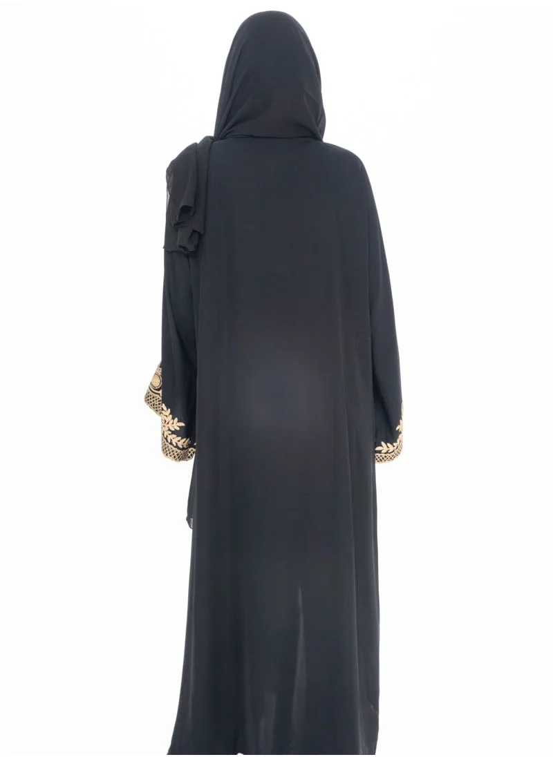 Aara Black Open Abaya with Embroidered Sleeves