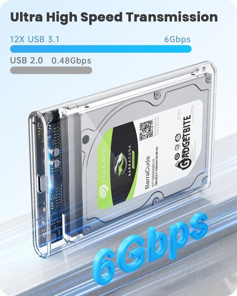 GadgetBite 2.5 Inch Sata Enclosure Case USB C 3.1 HDD SSD Portable External Enclosure for Hard Disk Sata to USB Type C 3.1 Connector Case with Fast Transfer Speed Up to 5 Gbps & 4TB Storage Casing - Transparent - Image 2