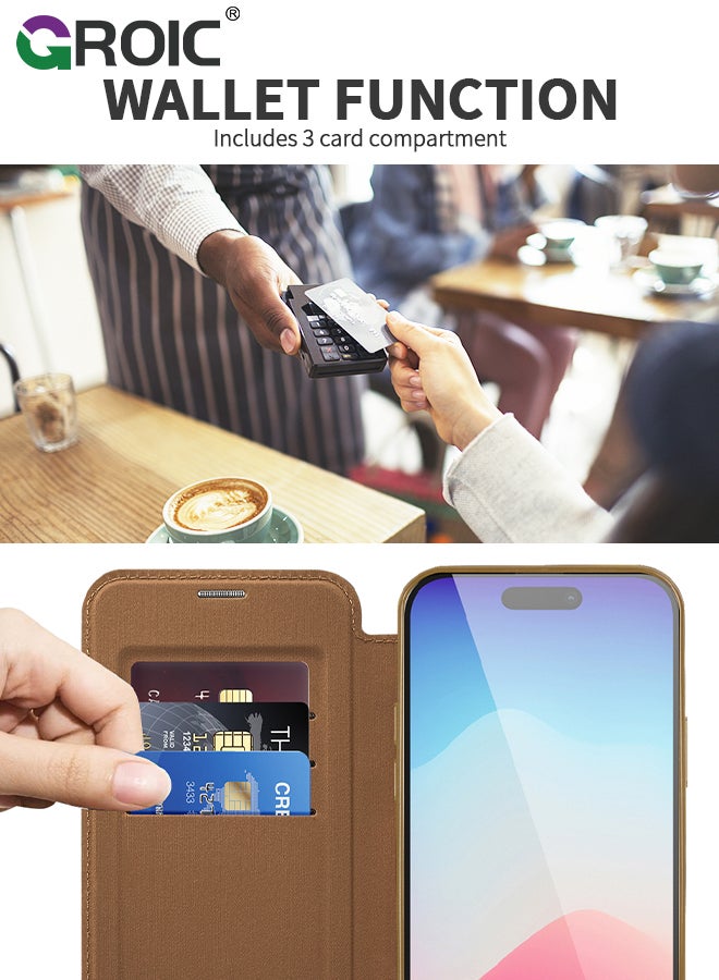 GROIC For iPhone 15 6.1 Inch Phone Caes Wallet Case, PU Leather Folio Wallet Magnetic Protective Case with Card Holder Viewing Kickstand, Shockproof Transparent Backboard Cover Compatible for Magsafe  - Image 3