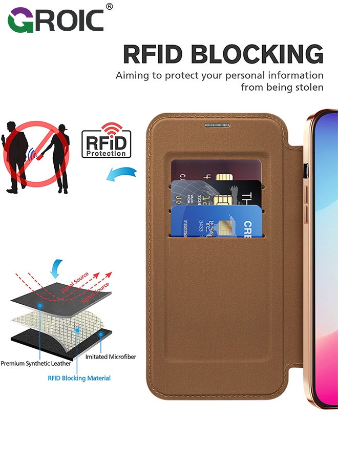 GROIC For iPhone 15 6.1 Inch Phone Caes Wallet Case, PU Leather Folio Wallet Magnetic Protective Case with Card Holder Viewing Kickstand, Shockproof Transparent Backboard Cover Compatible for Magsafe  - Image 4