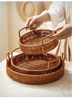Cozy Nest 3PCS Hand-Woven Round Rattan Serving Tray with Handles -Rustic Wicker Basket for Bread Crackers Coffee Dining & Plates -Natural Decorative Tray for Kitchen & Home Decor  - Image 1