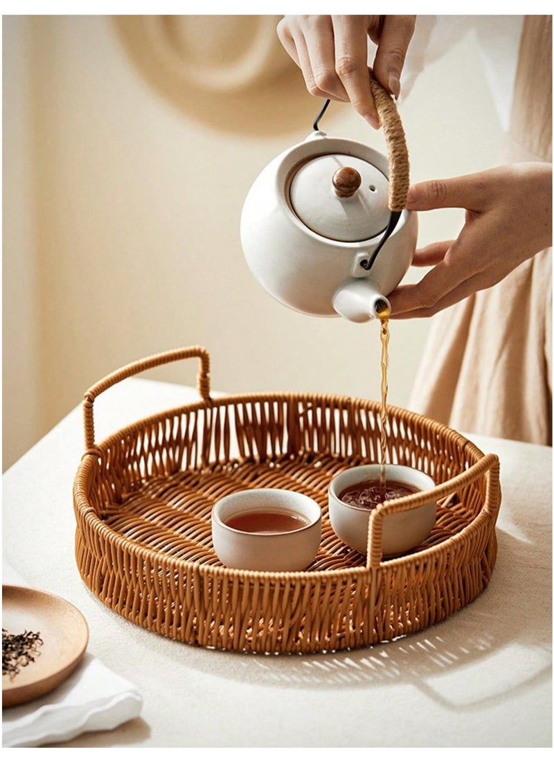 Cozy Nest 3PCS Hand-Woven Round Rattan Serving Tray with Handles -Rustic Wicker Basket for Bread Crackers Coffee Dining & Plates -Natural Decorative Tray for Kitchen & Home Decor  - Image 2