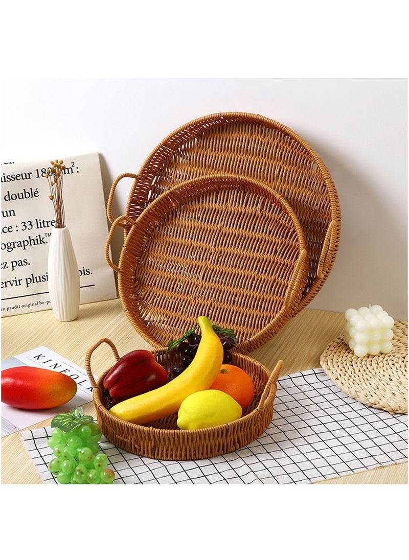 Cozy Nest 3PCS Hand-Woven Round Rattan Serving Tray with Handles -Rustic Wicker Basket for Bread Crackers Coffee Dining & Plates -Natural Decorative Tray for Kitchen & Home Decor  - Image 3