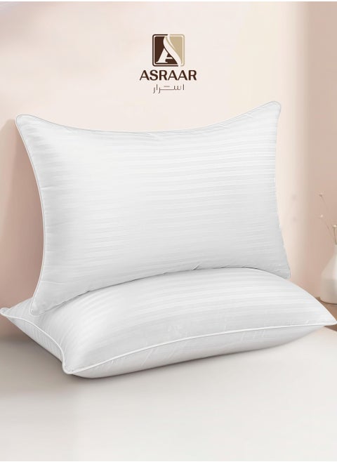Premium 20 cm Thick Microfiber Bed Pillows With Stripes, Standard Size 1000 Grams, Hotel-Quality Cooling Pillow for All Sleep Positions - Ideal for Side, Back & Stomach Sleepers, Fluffy Bed Stripe Pillows for Bed, Machine Washable, 75 x 50 cm White - 2 Pillow