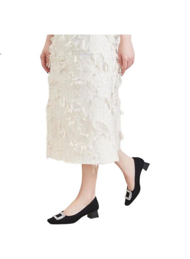 C.BANNER Suede High Heels Spring/Summer Thick Heel Sheepskin Women'S Shoes Shallow Mouth Evening Shoes A23443620 Black 36 - Image 3