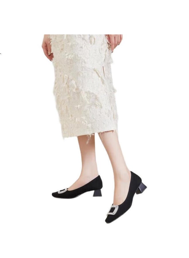 C.BANNER Suede High Heels Spring/Summer Thick Heel Sheepskin Women'S Shoes Shallow Mouth Evening Shoes A23443620 Black 36 - Image 1