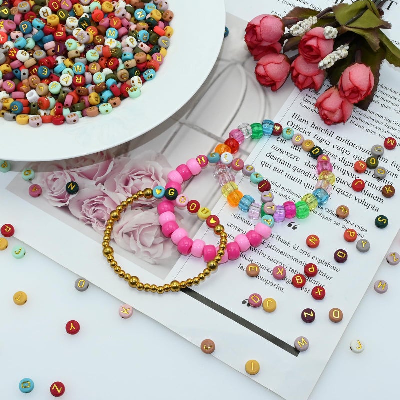 Looconi Amaney 1000pcs 4x7mm Round Letter Beads Colorful Acrylic with Gold Letter Alphabet for Jewelry Making - Image 3