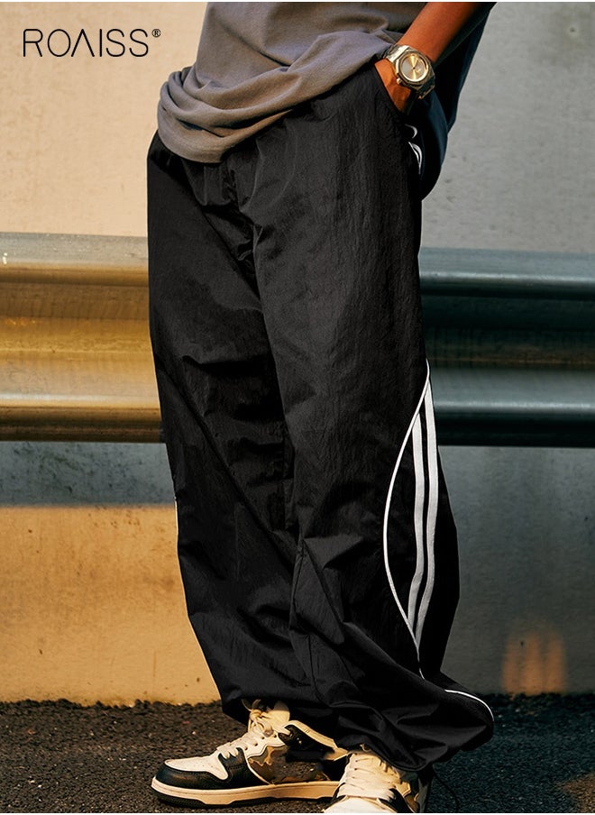 roaiss Wide Leg Striped Sports Pants for Men New Hip-Hop Trend Casual Straight Trousers Mens Retro Street Fashion Joggers Cinchable Trouser Legs Black Two Ways to Wear  - Image 3