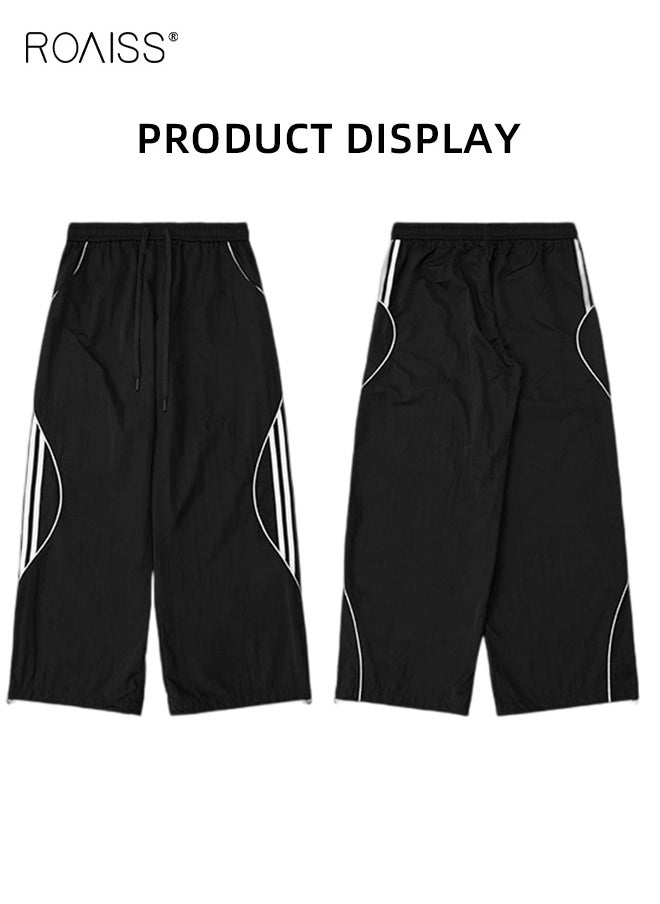 roaiss Wide Leg Striped Sports Pants for Men New Hip-Hop Trend Casual Straight Trousers Mens Retro Street Fashion Joggers Cinchable Trouser Legs Black Two Ways to Wear  - Image 4