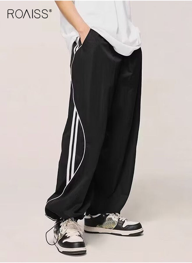 roaiss Wide Leg Striped Sports Pants for Men New Hip-Hop Trend Casual Straight Trousers Mens Retro Street Fashion Joggers Cinchable Trouser Legs Black Two Ways to Wear  - Image 1
