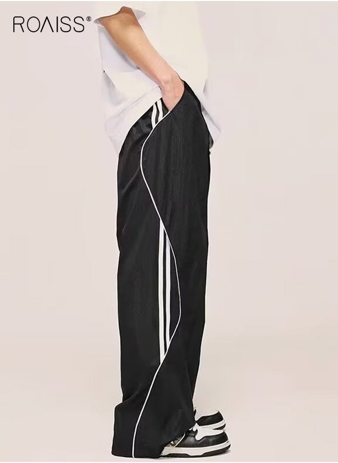 roaiss Wide Leg Striped Sports Pants for Men New Hip-Hop Trend Casual Straight Trousers Mens Retro Street Fashion Joggers Cinchable Trouser Legs Black Two Ways to Wear  - Image 2