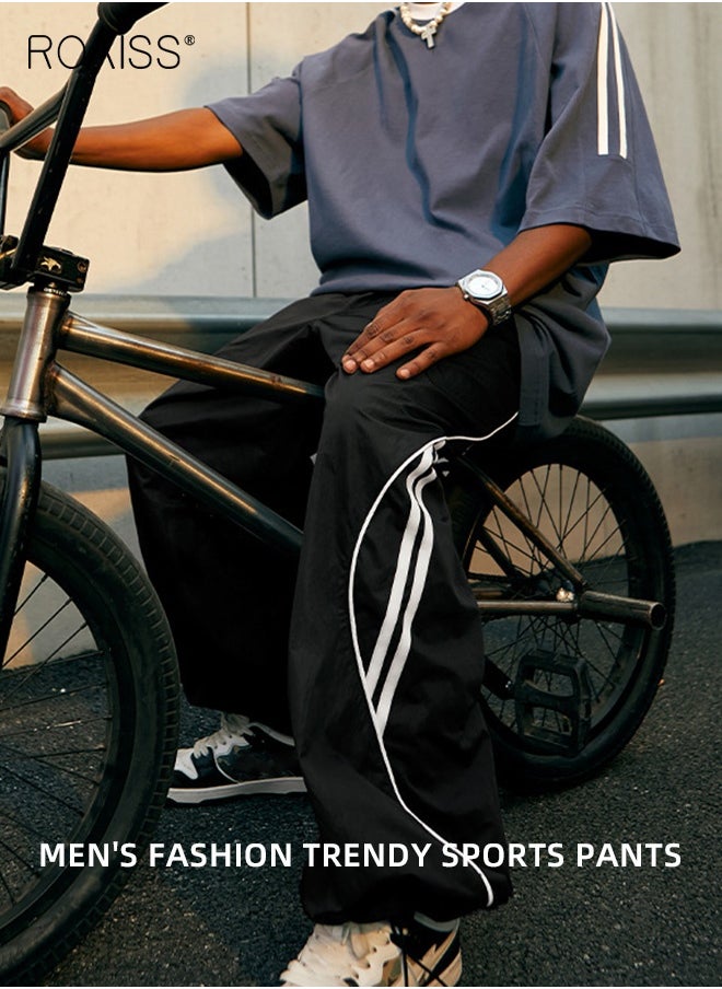 roaiss Wide Leg Striped Sports Pants for Men New Hip-Hop Trend Casual Straight Trousers Mens Retro Street Fashion Joggers Cinchable Trouser Legs Black Two Ways to Wear  - Image 5