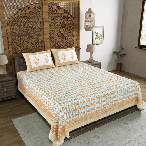 BLOCKS OF INDIA Hand Block Printed 200 TC Cotton King Size Bedsheet (Brown Leaf) - Image 3
