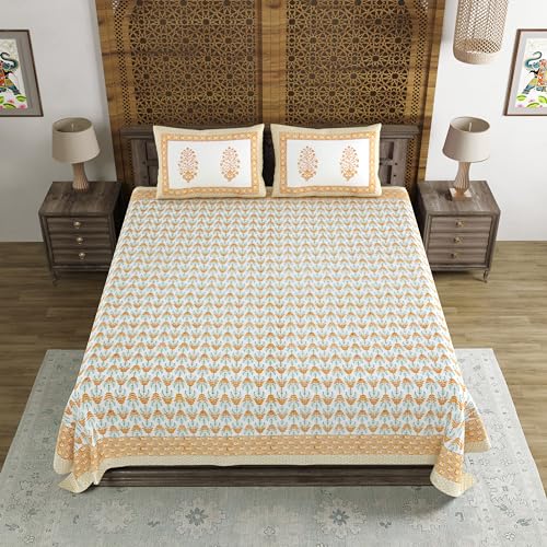 BLOCKS OF INDIA Hand Block Printed 200 TC Cotton King Size Bedsheet (Brown Leaf) - Image 2