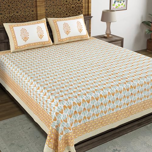 BLOCKS OF INDIA Hand Block Printed 200 TC Cotton King Size Bedsheet (Brown Leaf) - Image 1