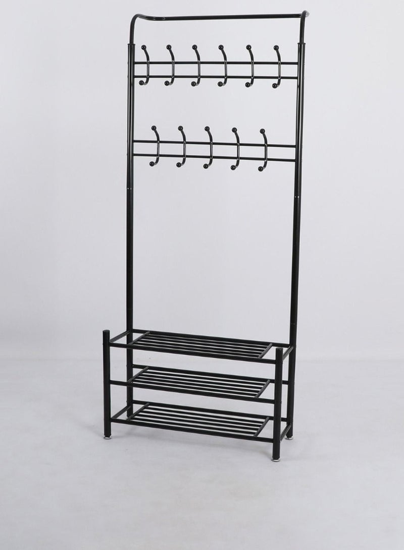 ather Multi-purpose iron rack with shelves suitable for various interior spaces. It is equipped with upper hangers for hanging coats, shawls or hats, in addition to shelves for storing shoes. - Image 2