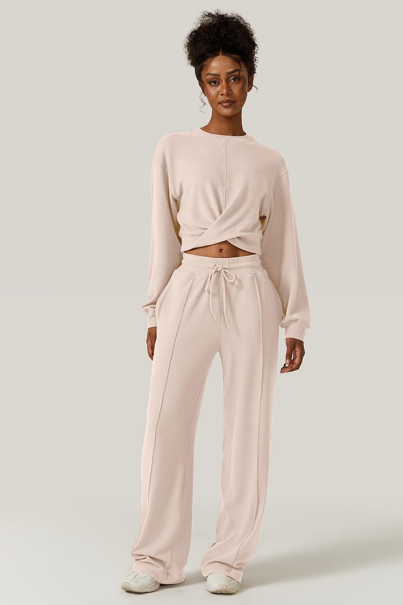 QINSEN Women 2 Piece Tracksuit Twist Front Cropped Tops Full Length Wide Leg Sweatpants Outfits Sweatsuit Beige XL - Image 3