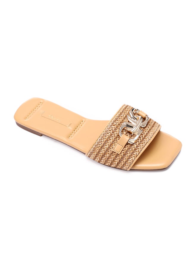 Braided Strap Slip On Straw Olive Women Slippers
