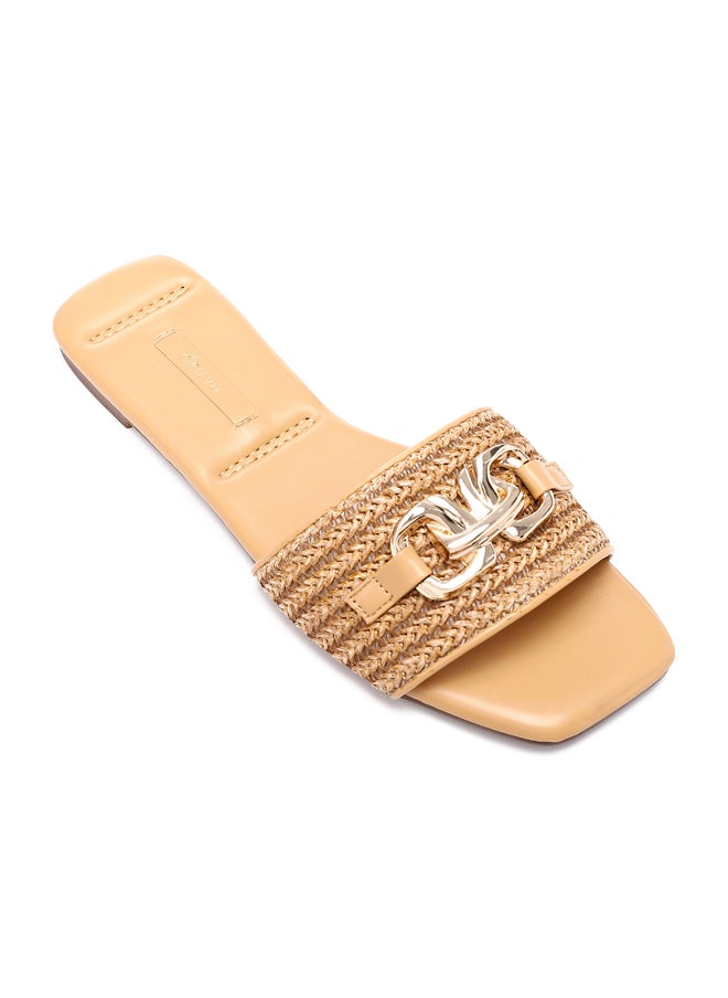 DejaVu - Braided Strap Slip On Straw Olive Women Slippers - Image 1