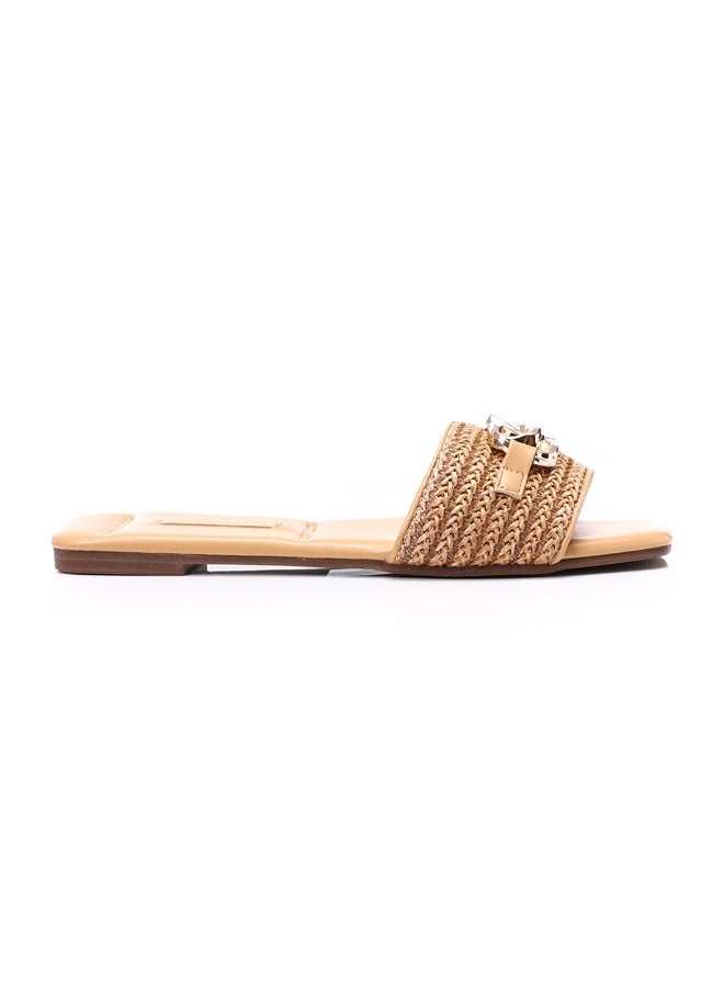 DejaVu - Braided Strap Slip On Straw Olive Women Slippers - Image 1