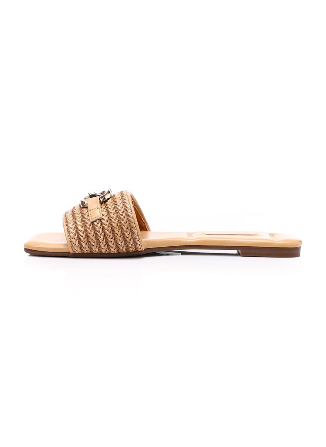 DejaVu - Braided Strap Slip On Straw Olive Women Slippers - Image 1