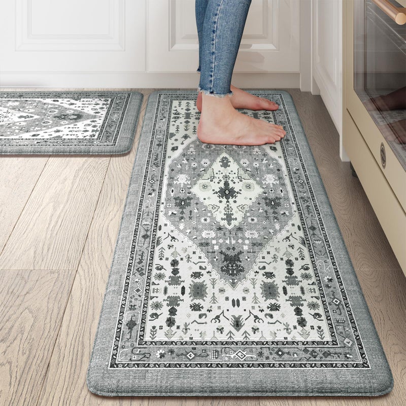 Collive Boho Kitchen Rugs and Mats 2PCS Cushioned Anti Fatigue Kitchen Mats for Floor Waterproof Non Slip Comfort Foam Standing Mat for KitchenOfficeSinkLaundry17x3017x47