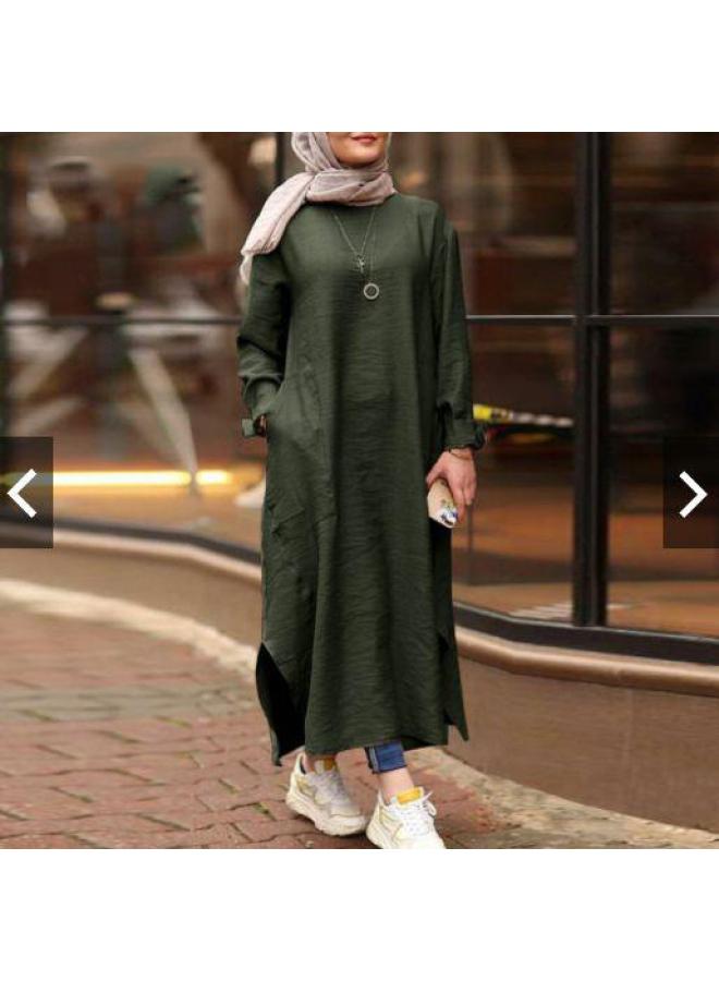 Women's New Muslim Solid Color Long Sleeve Shirt Pocket A- Line Dress Casual Robe Generation Hair