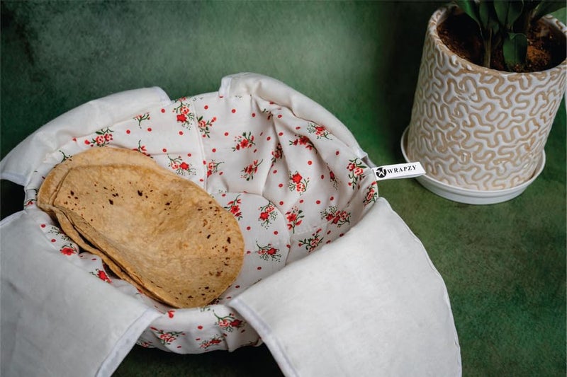 WRAPZY Floral Print Round Roti Cover - 100% Cotton Cloth Roti Cassrole - Hot Chapati Box - Double Layer Roti Cloth Wrap with Flaps - Tortilla Cover - Image 3