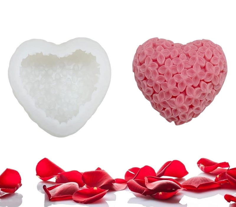 Shoppeecity 3D Heart Silicone Mould with Flower Pattern Shape Candle Making Silicone Molds 3D Rose Bloom Flower Heart Love Silicone Mold for DIY Handmade Chocolate Mousse Dessert Soap Cake Aromatherapy Resin Art Craft Making - Image 1
